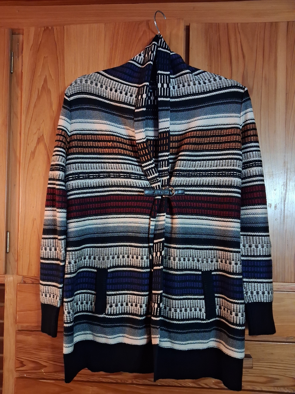 Soft, Striped Knit Sweater Cardigan - Blue, Black & Cream
